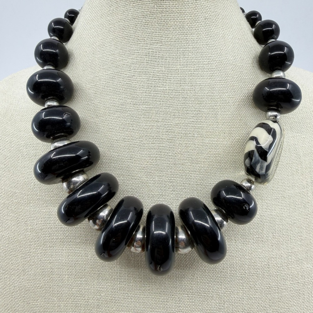 Bold Black Statement Necklace Zaebra Pattern Accent Chunky Beaded Layering Piece